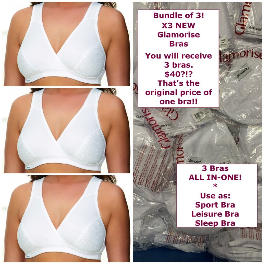Set of 3! 38B 38C Glamorise SPORT Bra (WICKS-MOISTURE) STRETCH-CUPS WHITE NEW